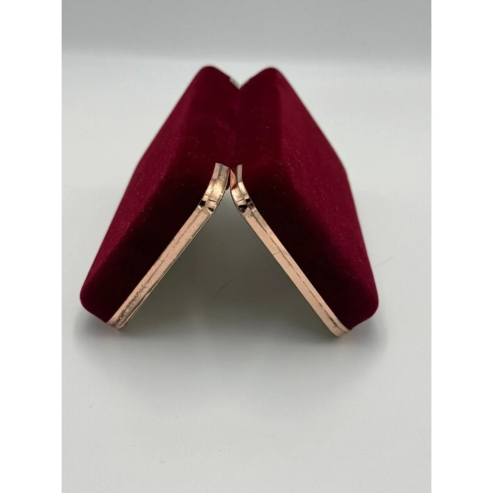 Vintage Burgundy Velvet Travel Jewelry Box Rose Gold Trim Mirror Ring Storage
